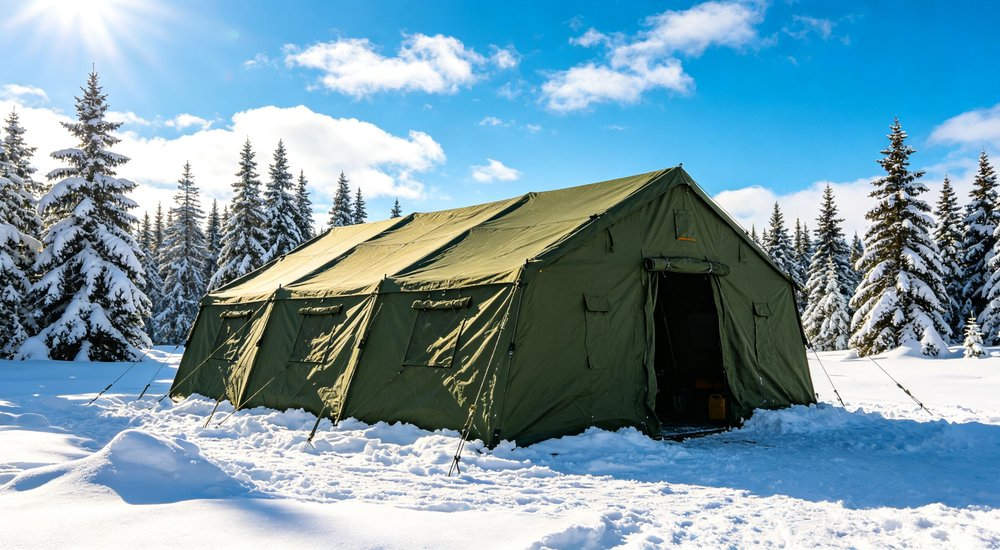 Field deployed emergency shelter showing robust frame construction waterproof material and practical design features meeting international standards for disaster response and refugee accommodation