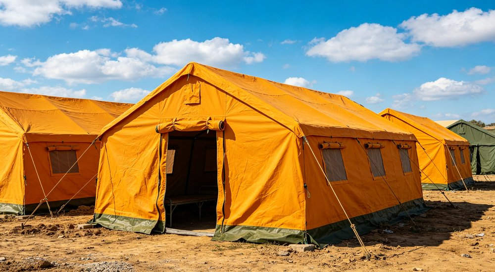 Professional emergency relief tent photographed in field deployment showing sturdy construction waterproof fabric and steel frame design suitable for disaster response and humanitarian aid operations