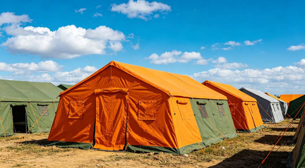 Professional emergency relief tent photographed in field deployment showing sturdy construction waterproof fabric and steel frame design suitable for disaster response and humanitarian aid operations