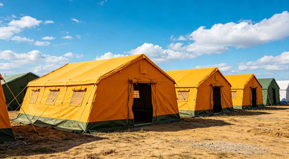 Large emergency shelter tent installed at disaster relief site providing weatherproof accommodation for affected populations with reinforced structure and quality materials visible