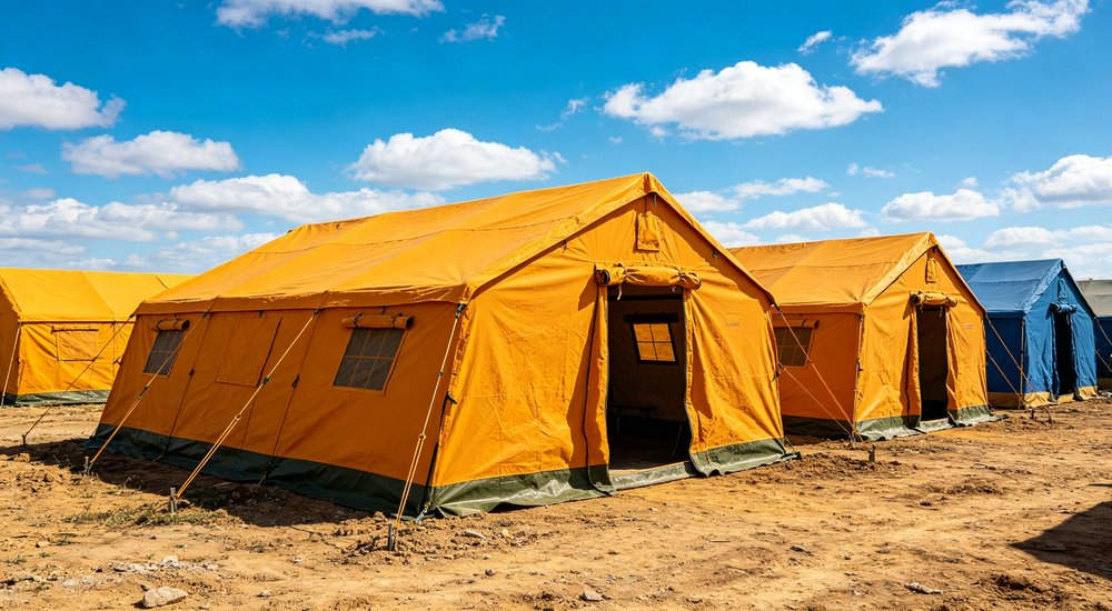 Heavy duty emergency frame tent displayed in operational setting demonstrating quick setup capability durable canvas exterior and spacious interior capacity for humanitarian relief missions