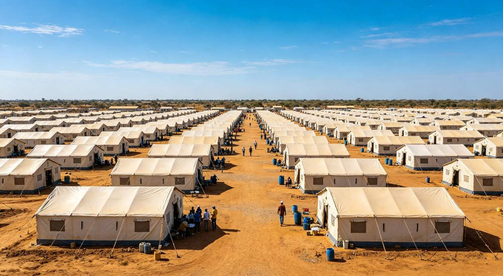 Large emergency shelter tent installed at disaster relief site providing weatherproof accommodation for affected populations with reinforced structure and quality materials visible