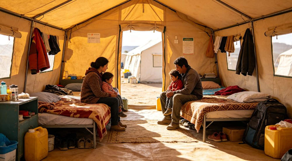 Heavy duty emergency frame tent displayed in operational setting demonstrating quick setup capability durable canvas exterior and spacious interior capacity for humanitarian relief missions