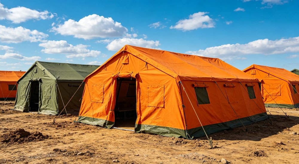 Emergency response tent captured during active deployment showing professional grade construction wind resistant frame and waterproof covering designed for long term use in challenging field conditions