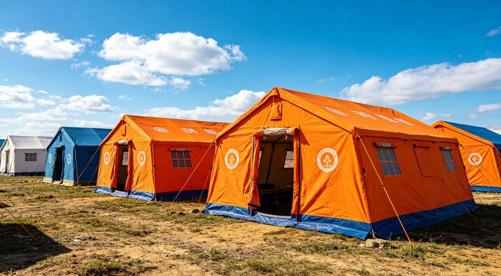Emergency response tent captured during active deployment showing professional grade construction wind resistant frame and waterproof covering designed for long term use in challenging field conditions