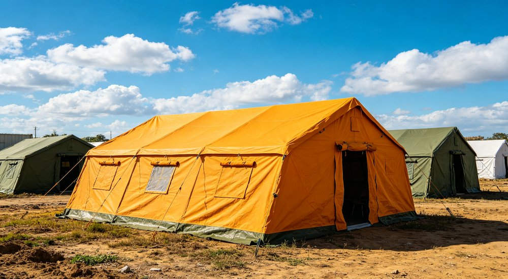 Field deployed emergency shelter showing robust frame construction waterproof material and practical design features meeting international standards for disaster response and refugee accommodation