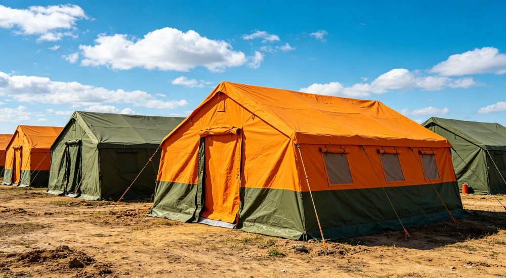 Professional emergency relief tent photographed in field deployment showing sturdy construction waterproof fabric and steel frame design suitable for disaster response and humanitarian aid operations
