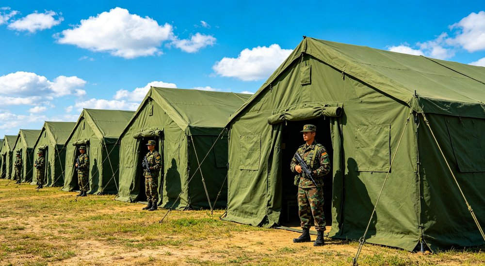 Large emergency shelter tent installed at disaster relief site providing weatherproof accommodation for affected populations with reinforced structure and quality materials visible