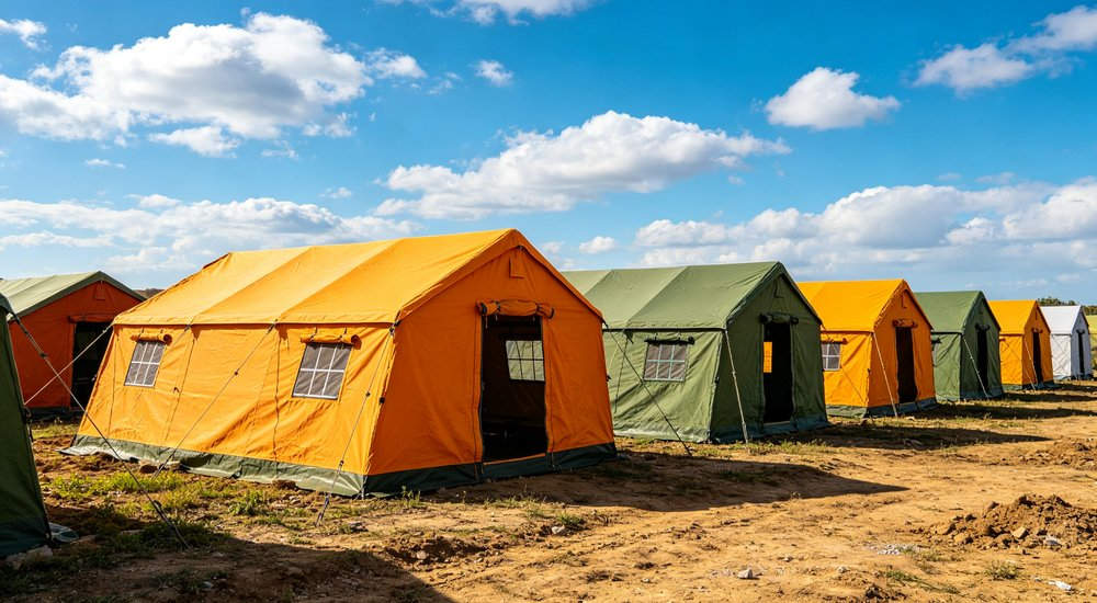 Humanitarian relief tent photographed at aid distribution camp providing reliable shelter with strong steel framework quality stitching and weather resistant fabric for disaster affected communities