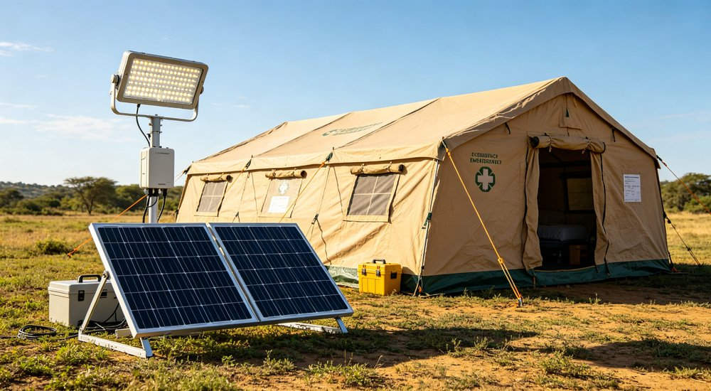Field deployed emergency shelter showing robust frame construction waterproof material and practical design features meeting international standards for disaster response and refugee accommodation