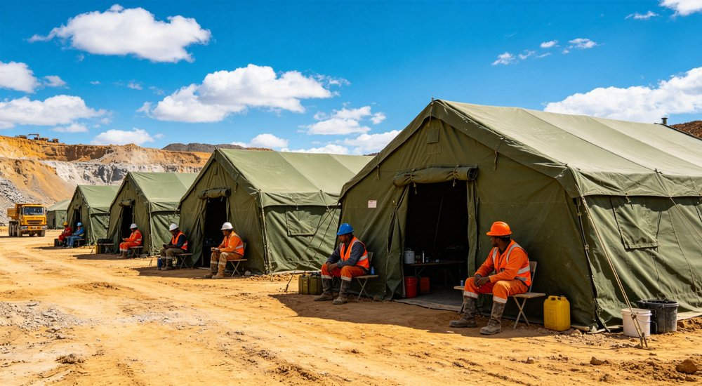 Emergency response tent captured during active deployment showing professional grade construction wind resistant frame and waterproof covering designed for long term use in challenging field conditions