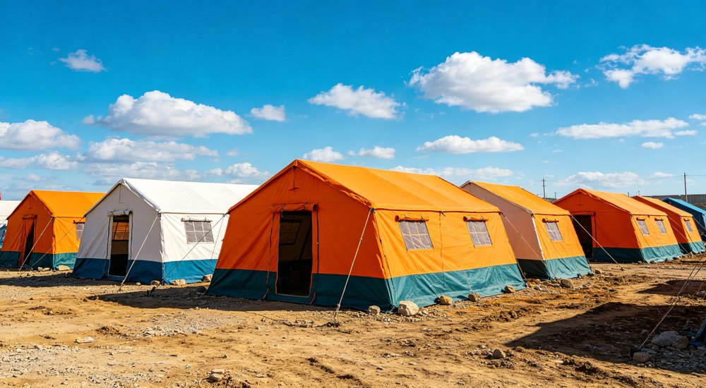 Professional emergency relief tent photographed in field deployment showing sturdy construction waterproof fabric and steel frame design suitable for disaster response and humanitarian aid operations