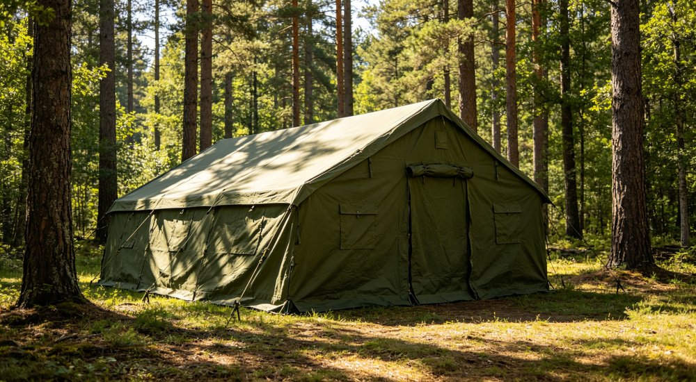 Large emergency shelter tent installed at disaster relief site providing weatherproof accommodation for affected populations with reinforced structure and quality materials visible