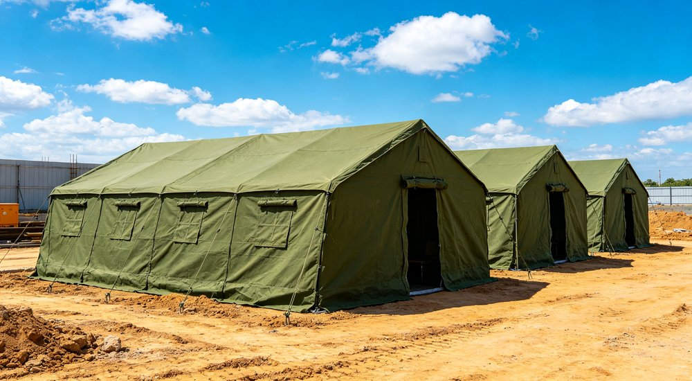 Humanitarian relief tent photographed at aid distribution camp providing reliable shelter with strong steel framework quality stitching and weather resistant fabric for disaster affected communities Humanitarian relief tent photographed at aid distribution camp providing reliable shelter with strong steel framework quality stitching and weather resistant fabric for disaster affected communities