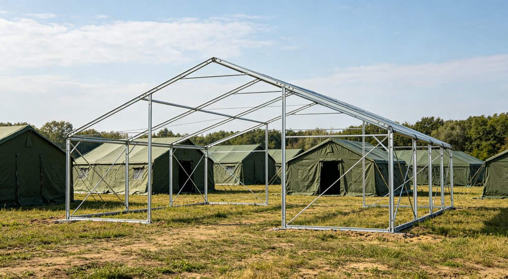 Heavy duty emergency frame tent displayed in operational setting demonstrating quick setup capability durable canvas exterior and spacious interior capacity for humanitarian relief missions
