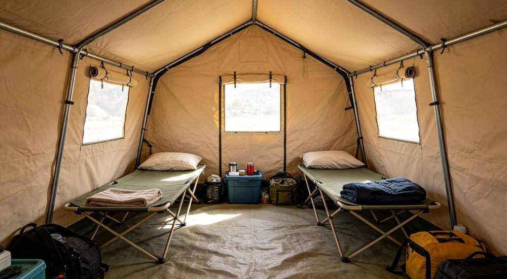 Emergency response tent captured during active deployment showing professional grade construction wind resistant frame and waterproof covering designed for long term use in challenging field conditions