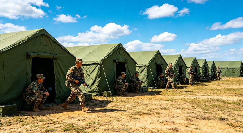 Large emergency shelter tent installed at disaster relief site providing weatherproof accommodation for affected populations with reinforced structure and quality materials visible