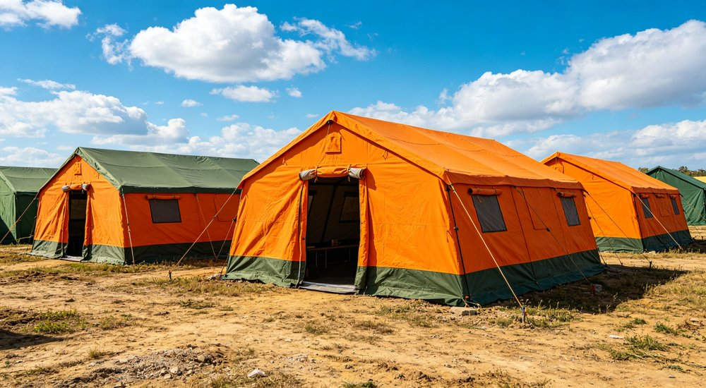 Humanitarian relief tent photographed at aid distribution camp providing reliable shelter with strong steel framework quality stitching and weather resistant fabric for disaster affected communities