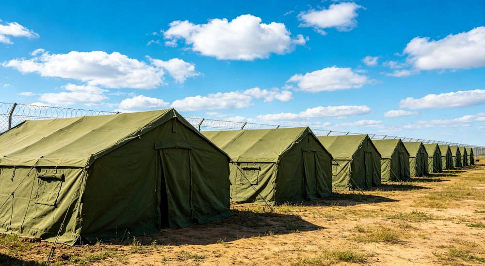 Emergency response tent captured during active deployment showing professional grade construction wind resistant frame and waterproof covering designed for long term use in challenging field conditions
