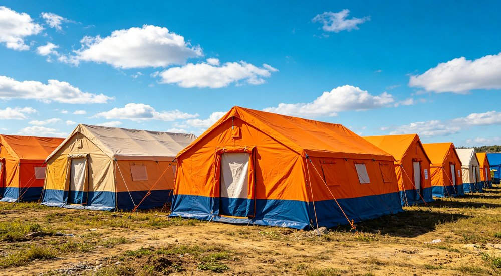 Field deployed emergency shelter showing robust frame construction waterproof material and practical design features meeting international standards for disaster response and refugee accommodation