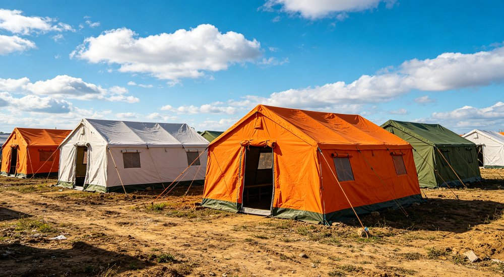 Large emergency shelter tent installed at disaster relief site providing weatherproof accommodation for affected populations with reinforced structure and quality materials visible
