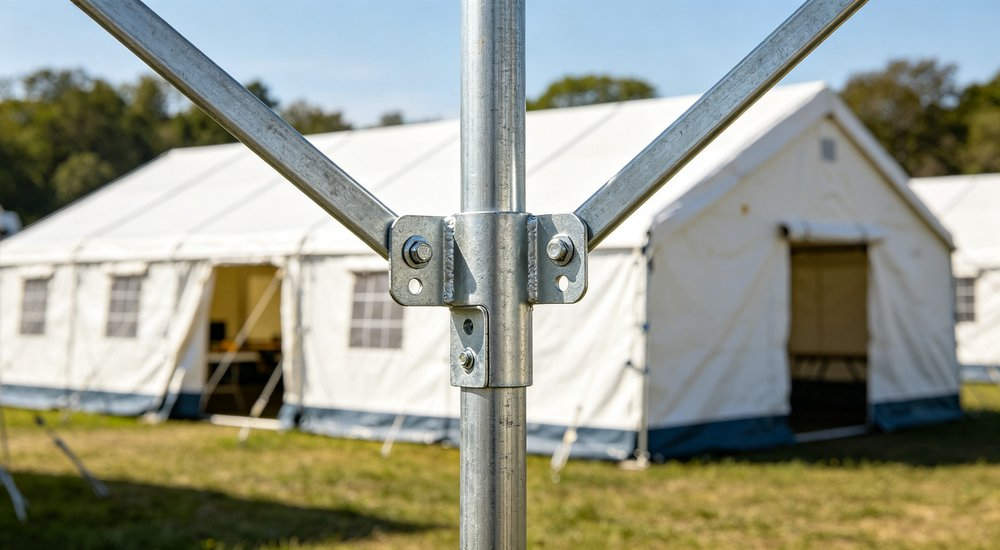 Heavy duty emergency frame tent displayed in operational setting demonstrating quick setup capability durable canvas exterior and spacious interior capacity for humanitarian relief missions