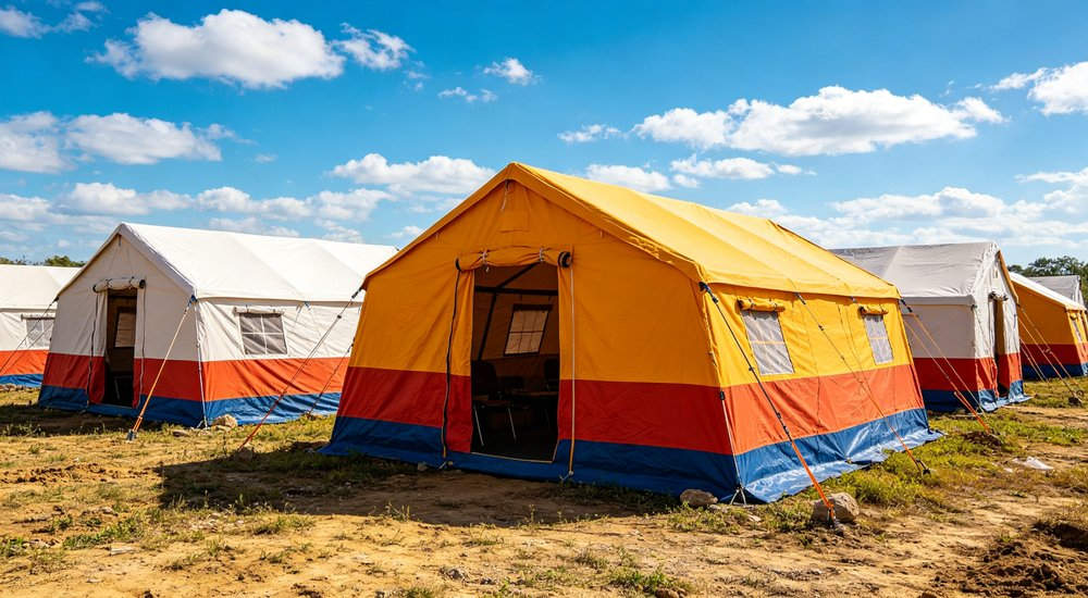 Humanitarian relief tent photographed at aid distribution camp providing reliable shelter with strong steel framework quality stitching and weather resistant fabric for disaster affected communities