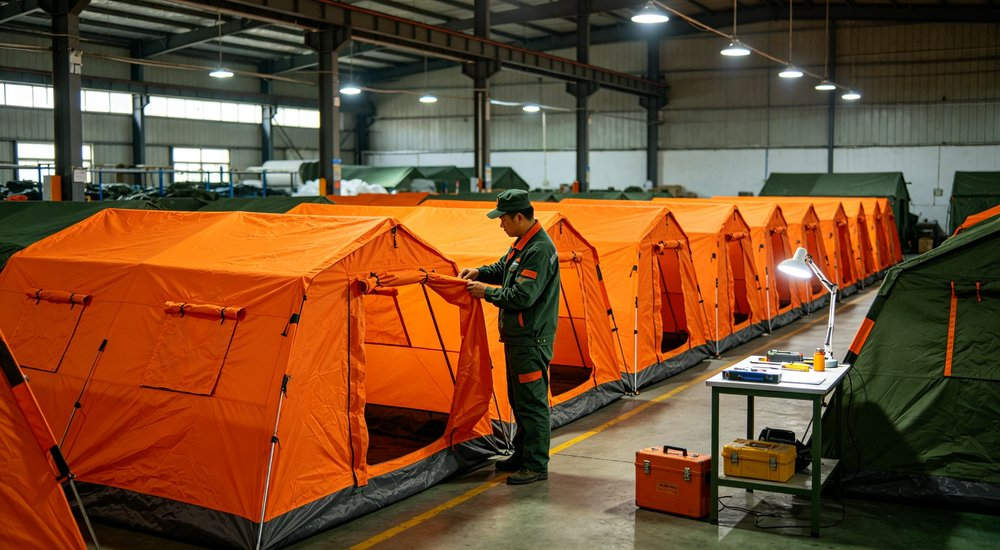 Field deployed emergency shelter showing robust frame construction waterproof material and practical design features meeting international standards for disaster response and refugee accommodation