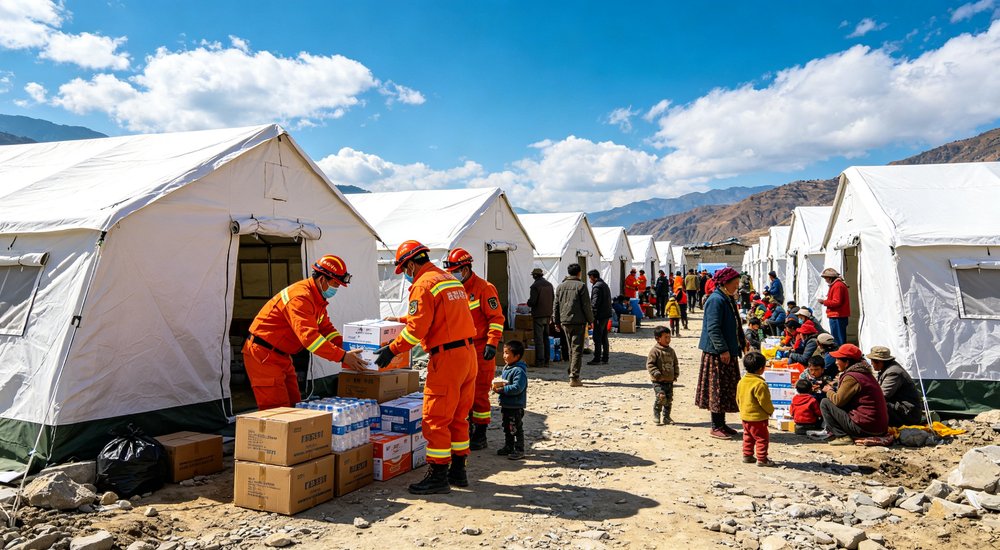 Large emergency shelter tent installed at disaster relief site providing weatherproof accommodation for affected populations with reinforced structure and quality materials visible