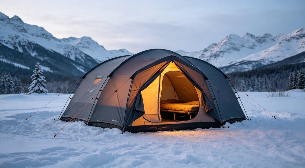 Heavy duty emergency frame tent displayed in operational setting demonstrating quick setup capability durable canvas exterior and spacious interior capacity for humanitarian relief missions