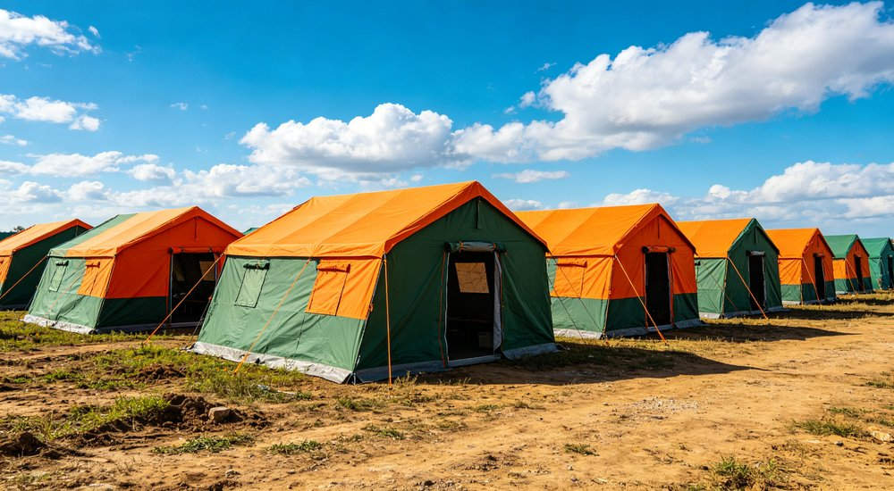 Professional emergency relief tent photographed in field deployment showing sturdy construction waterproof fabric and steel frame design suitable for disaster response and humanitarian aid operations