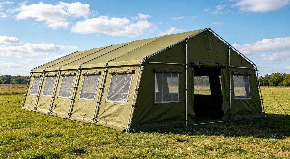 Emergency response tent captured during active deployment showing professional grade construction wind resistant frame and waterproof covering designed for long term use in challenging field conditions