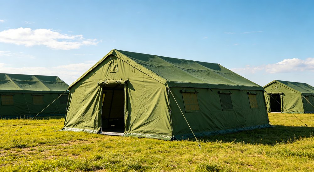 Humanitarian relief tent photographed at aid distribution camp providing reliable shelter with strong steel framework quality stitching and weather resistant fabric for disaster affected communities