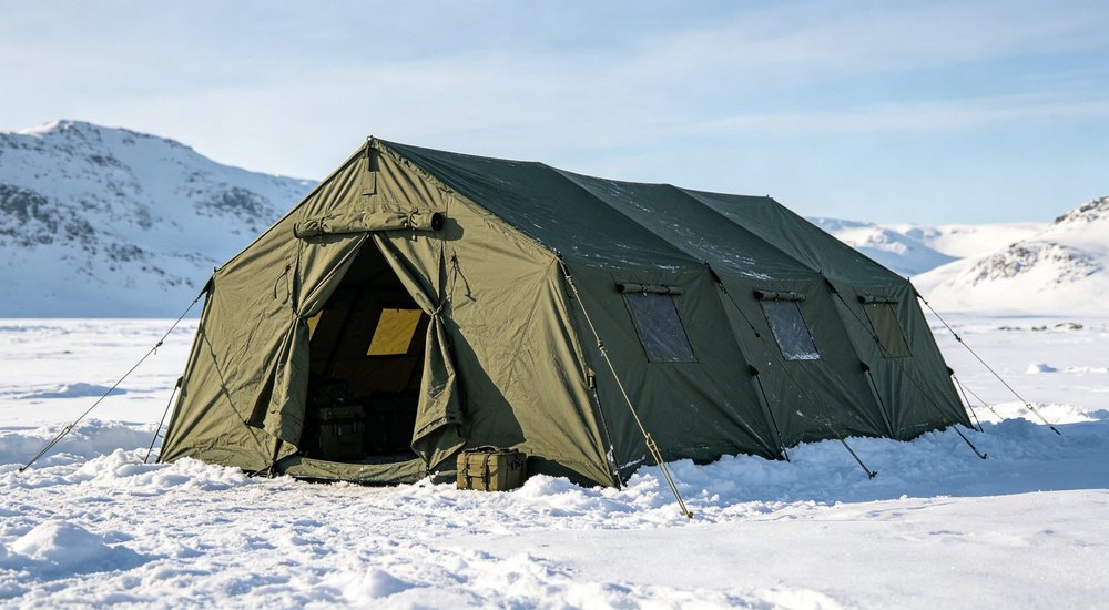 Field deployed emergency shelter showing robust frame construction waterproof material and practical design features meeting international standards for disaster response and refugee accommodation