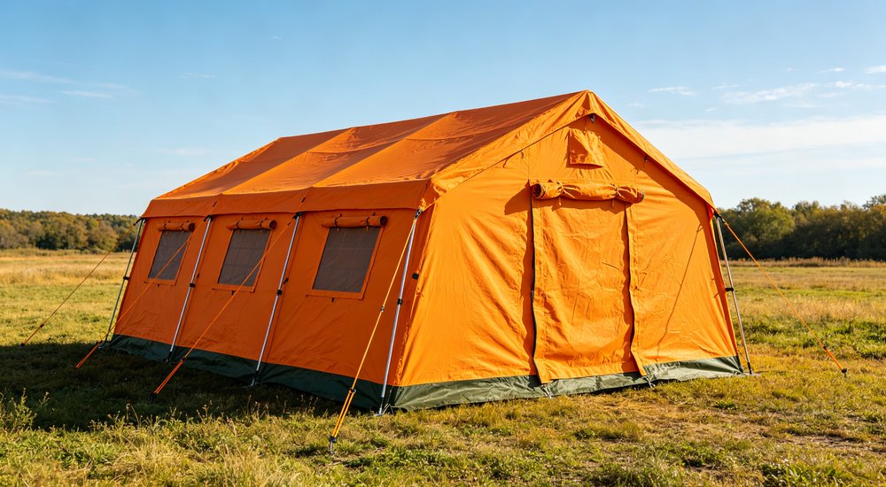 Professional emergency relief tent photographed in field deployment showing sturdy construction waterproof fabric and steel frame design suitable for disaster response and humanitarian aid operations