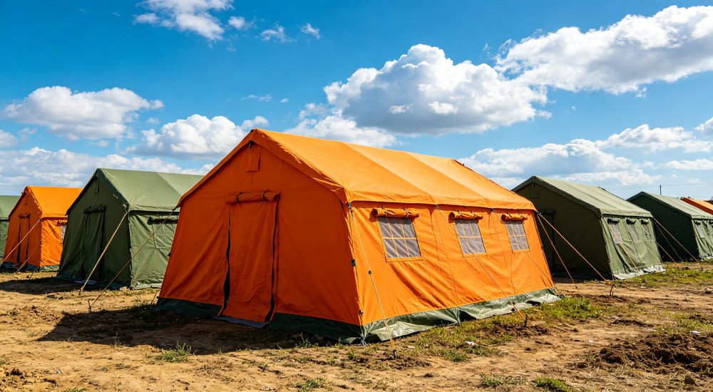 Large emergency shelter tent installed at disaster relief site providing weatherproof accommodation for affected populations with reinforced structure and quality materials visible