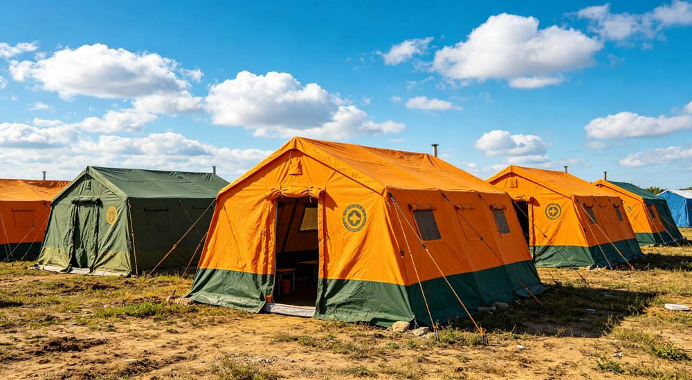 Heavy duty emergency frame tent displayed in operational setting demonstrating quick setup capability durable canvas exterior and spacious interior capacity for humanitarian relief missions