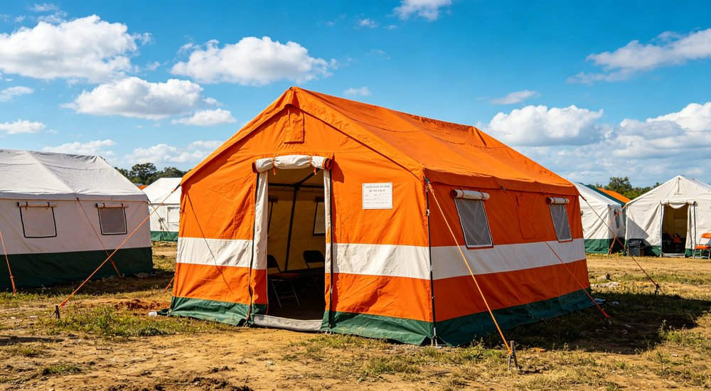 Emergency response tent captured during active deployment showing professional grade construction wind resistant frame and waterproof covering designed for long term use in challenging field conditions