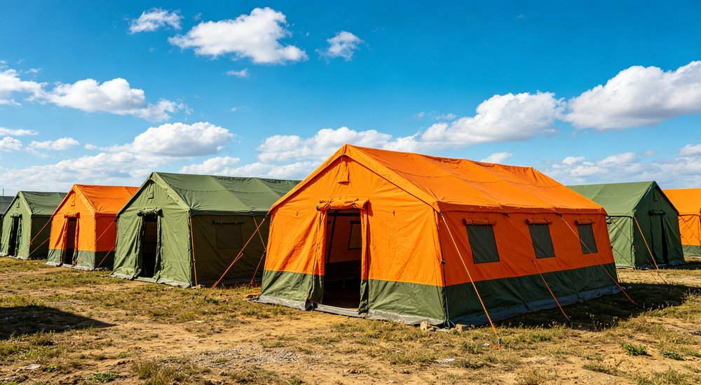Field deployed emergency shelter showing robust frame construction waterproof material and practical design features meeting international standards for disaster response and refugee accommodation