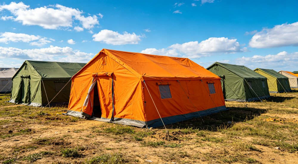 Professional emergency relief tent photographed in field deployment showing sturdy construction waterproof fabric and steel frame design suitable for disaster response and humanitarian aid operations