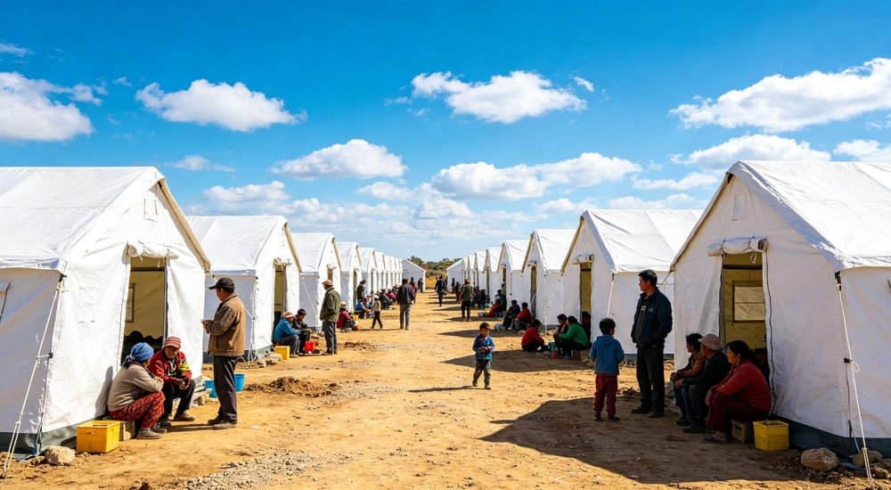 Large emergency shelter tent installed at disaster relief site providing weatherproof accommodation for affected populations with reinforced structure and quality materials visible