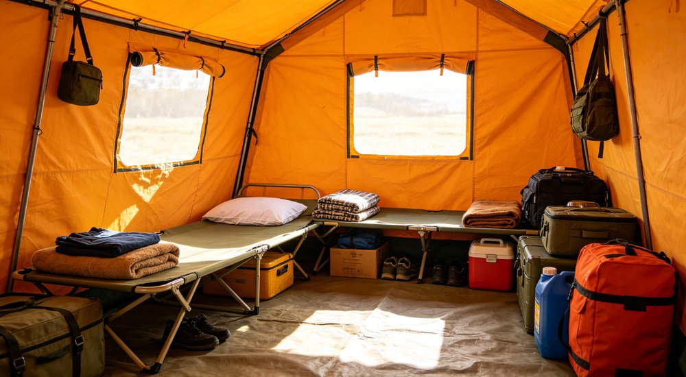 Heavy duty emergency frame tent displayed in operational setting demonstrating quick setup capability durable canvas exterior and spacious interior capacity for humanitarian relief missions