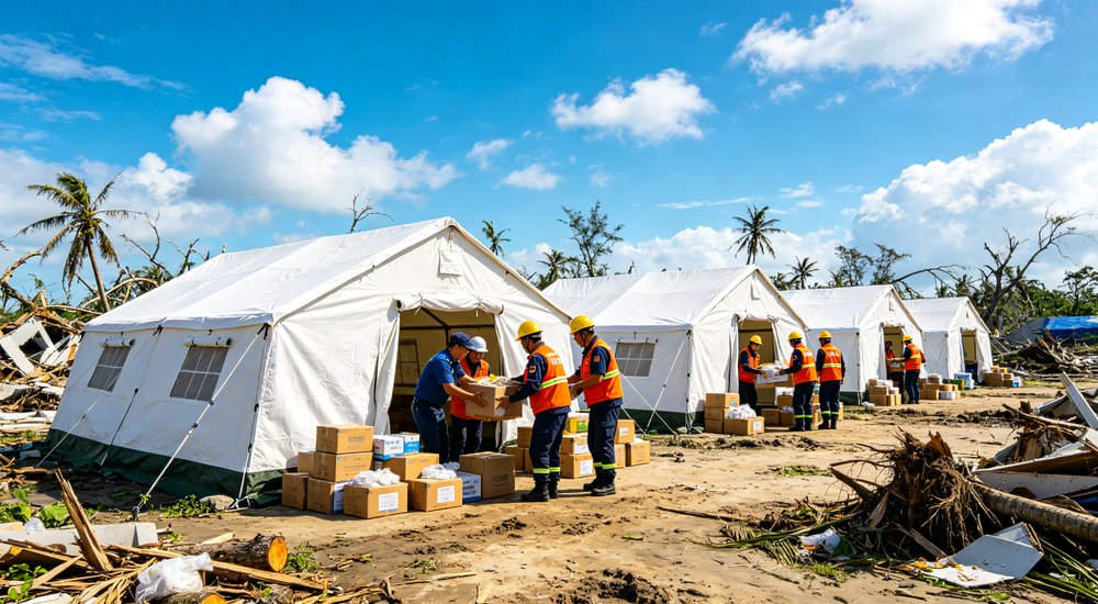 Emergency response tent captured during active deployment showing professional grade construction wind resistant frame and waterproof covering designed for long term use in challenging field conditions