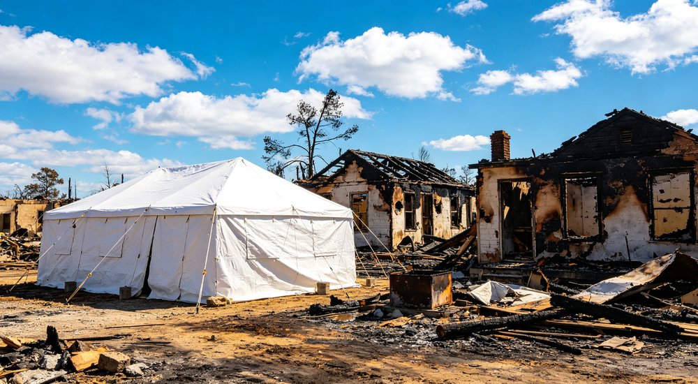 Humanitarian relief tent photographed at aid distribution camp providing reliable shelter with strong steel framework quality stitching and weather resistant fabric for disaster affected communities