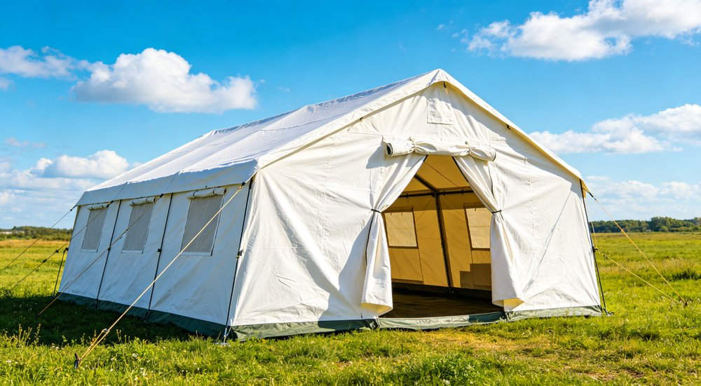 Field deployed emergency shelter showing robust frame construction waterproof material and practical design features meeting international standards for disaster response and refugee accommodation