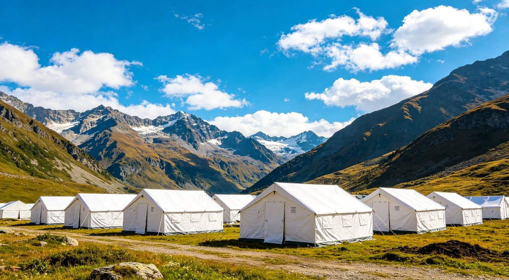 Professional emergency relief tent photographed in field deployment showing sturdy construction waterproof fabric and steel frame design suitable for disaster response and humanitarian aid operations