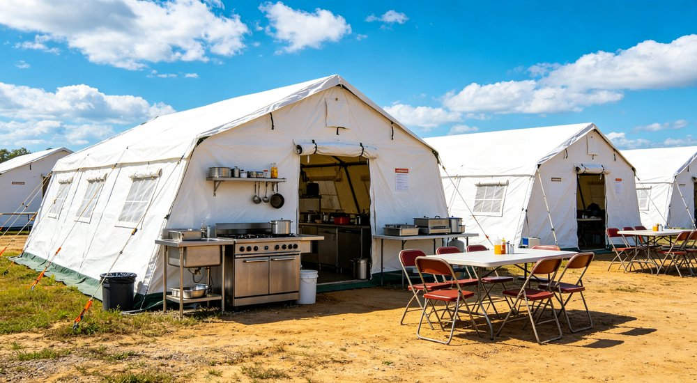 Large emergency shelter tent installed at disaster relief site providing weatherproof accommodation for affected populations with reinforced structure and quality materials visible