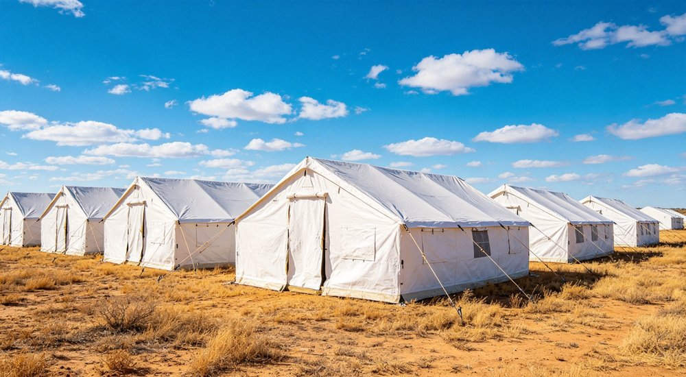Emergency response tent captured during active deployment showing professional grade construction wind resistant frame and waterproof covering designed for long term use in challenging field conditions