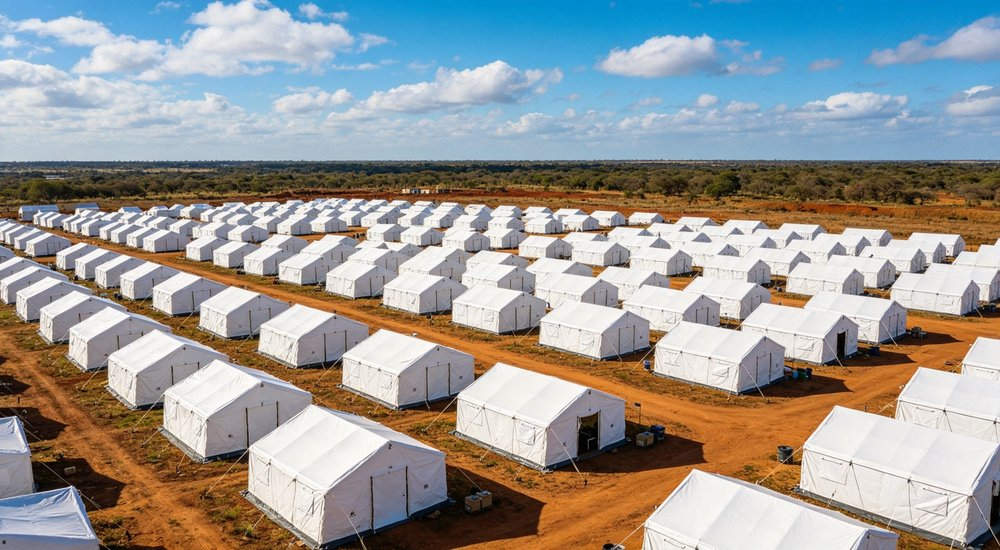 Humanitarian relief tent photographed at aid distribution camp providing reliable shelter with strong steel framework quality stitching and weather resistant fabric for disaster affected communities