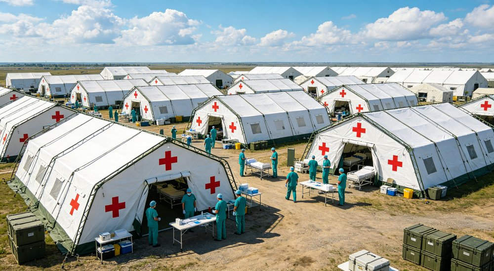 Aerial drone view showing multiple large emergency relief tents arranged in orderly rows across a disaster response camp with clear access pathways and blue sky overhead